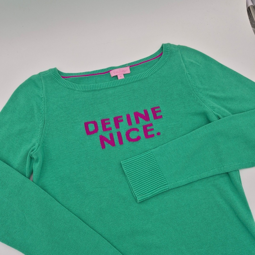 Lilly Pulitzer Womens Green Define Nice Holiday Graphic Knit Sweater Size M